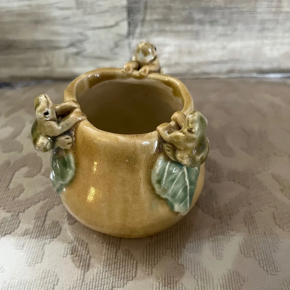 Vintage Ceramic Frog Miniature Pot Majolica style drip Glazed Whimsical Planter